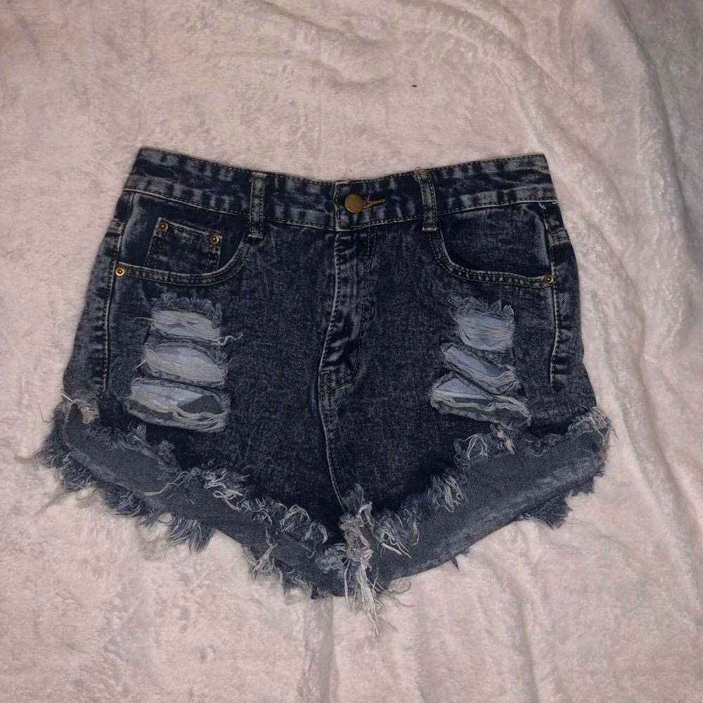 Ripped dark acid wash jean shorts